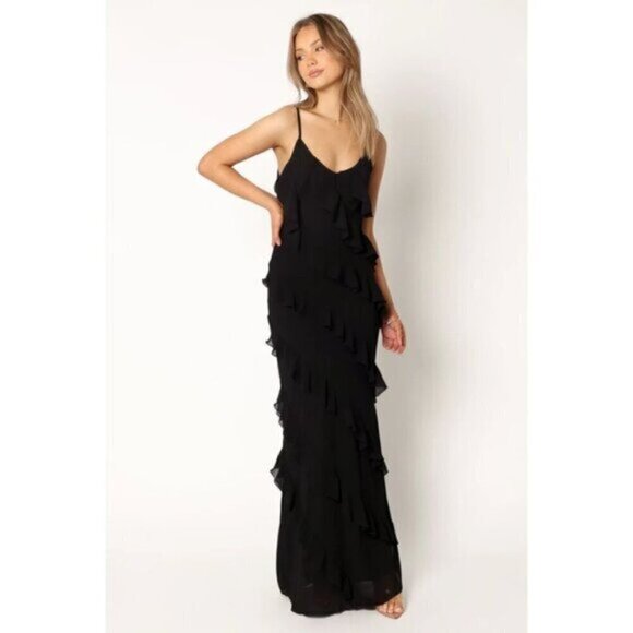 PETAL & PUP Ciao Ruffle Chiffon Gown in Black Size Large - Picture 12 of 14